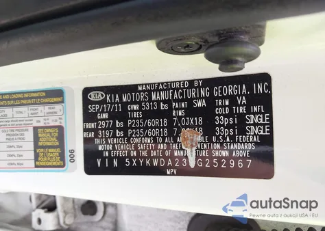 2012 Kia Sorento Sx V6 z USA, uszkodzony, nr VIN 5XYKWDA23CG252967